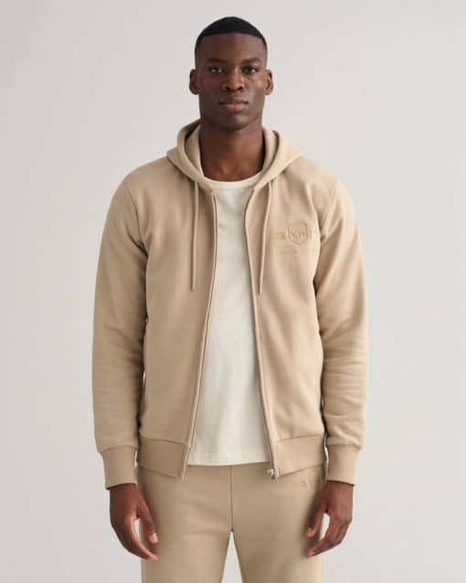 Gant Tonal Archive Shield Zip Hoodie Concrete Beige
