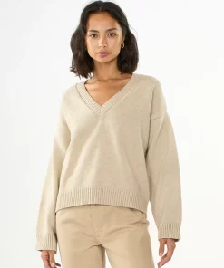 Knowledge Cotton Apparel V-Neck Long Sleeved Cotton Knit Nature Melange