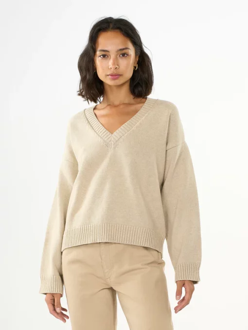 Knowledge Cotton Apparel V-Neck Long Sleeved Cotton Knit Nature Melange