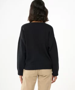 Knowledge Cotton Apparel V-Neck Long Sleeved Cotton Knit Black Jet