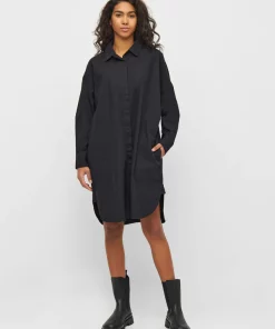 Knowledge Cotton apparel Poplin Dropped Shoulder Shirt Dress Black Jet