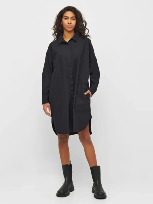 Knowledge Cotton apparel Poplin Dropped Shoulder Shirt Dress Black Jet