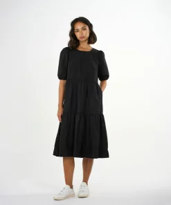 Knowledge Cotton Apparel Puff Sleeve Poplin Dress Black Jet