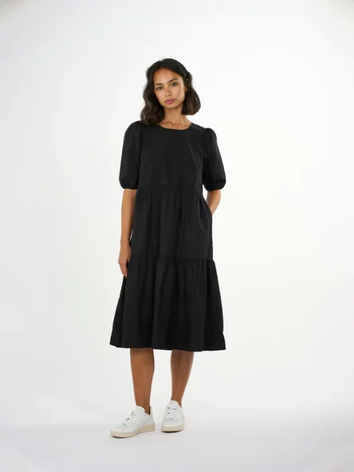 Knowledge Cotton Apparel Puff Sleeve Poplin Dress Black Jet