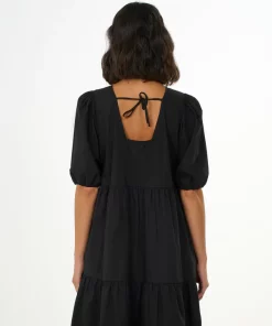 Knowledge Cotton Apparel Puff Sleeve Poplin Dress Black Jet