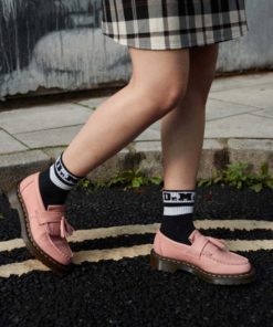 Dr. Martens Adrian Yellow Stitch Leather Tassle Loafers Peach Beige