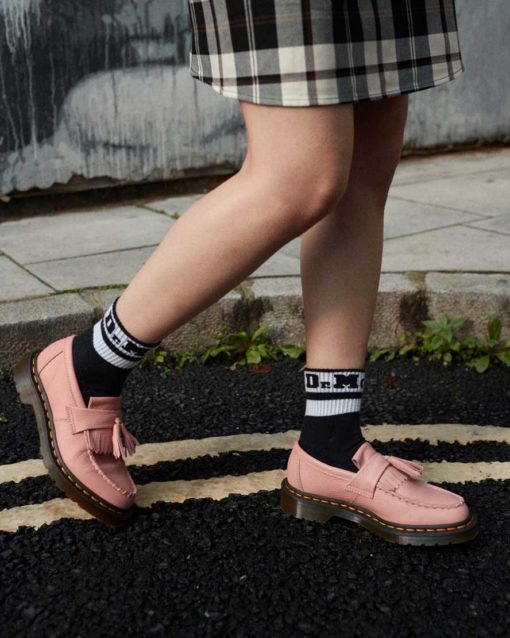 Dr. Martens Adrian Yellow Stitch Leather Tassle Loafers Peach Beige