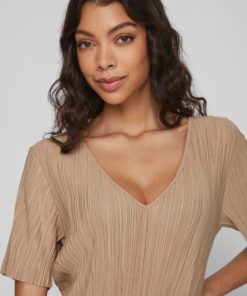 Vila Plisa V-Neck Dress Savannah Tan