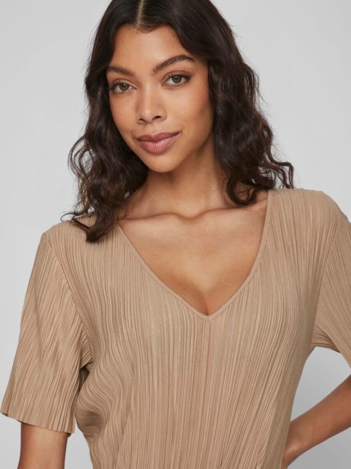 Vila Plisa V-Neck Dress Savannah Tan