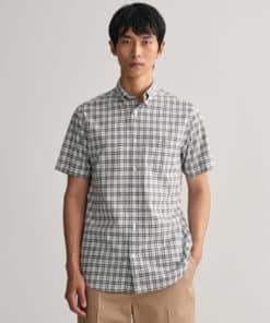 Gant Regular Poplin Micro Check Short Sleeve Shirt Basil Green