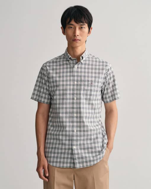 Gant Regular Poplin Micro Check Short Sleeve Shirt Basil Green