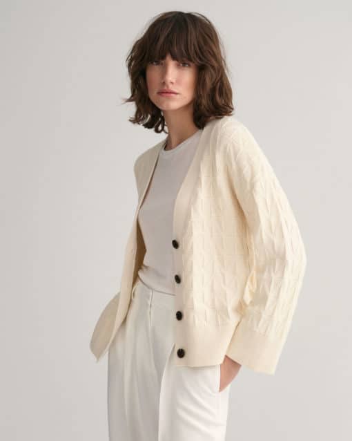 Gant Woman Herringbone V-neck Cardigan Cream