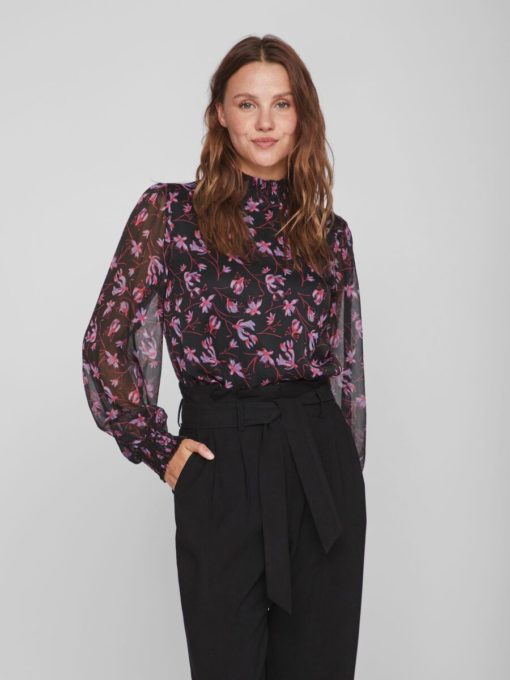 Vila Faria Lira Smock Collar Top Black