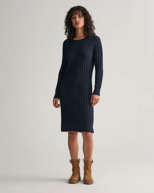 Gant Woman Stretch Cotton Cable Knit Dress Evening Blue