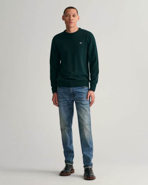 Gant Superfine Lambswool Crew Neck Jumper Tartan Green