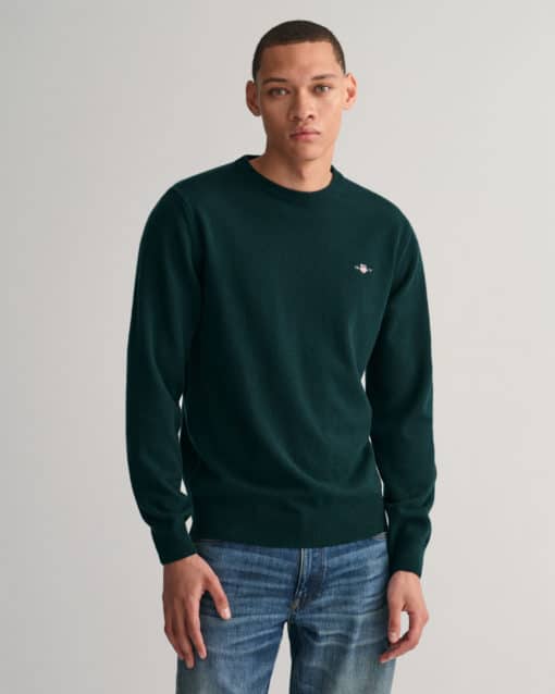 Gant Superfine Lambswool Crew Neck Jumper Tartan Green