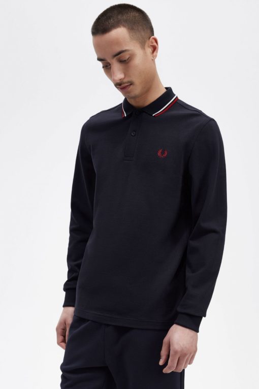 Fred Perry Twin Tipped Ls Shirt Navy / Snow White / Burnt Red