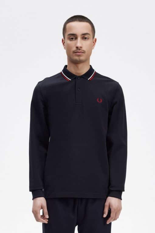 Fred Perry Twin Tipped Ls Shirt Navy / Snow White / Burnt Red
