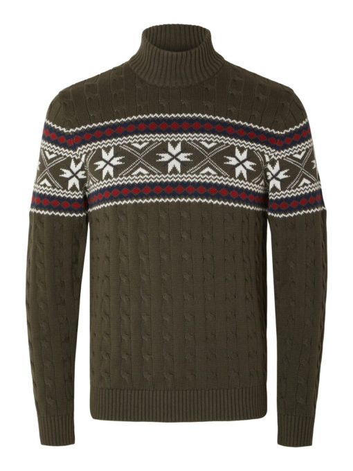 Selected Homme Flake Knit Cable High Neck Forest Night