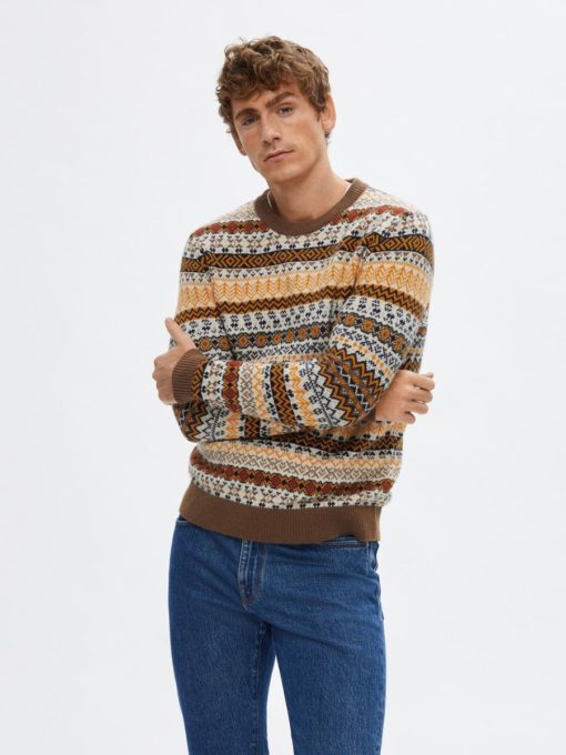 Selected Homme Faro Knit Fair Isle Crew Neck Dark Earth