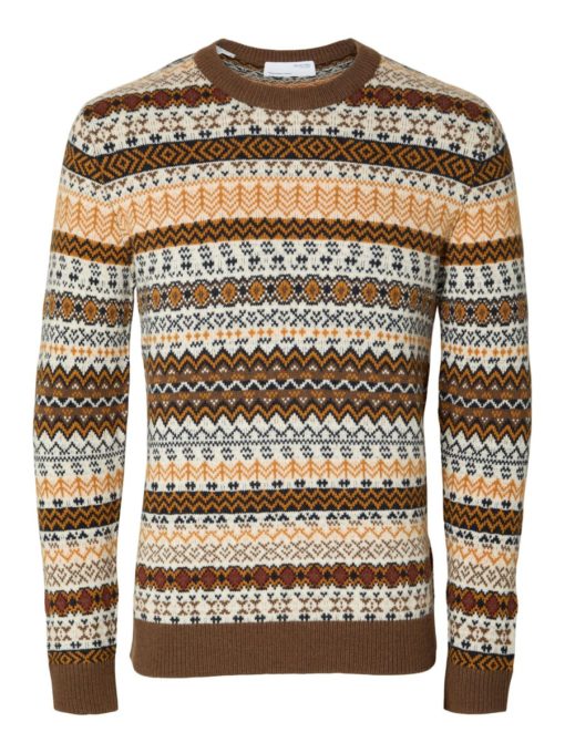 Selected Homme Faro Knit Fair Isle Crew Neck Dark Earth