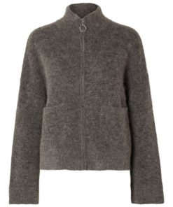 Selected Femme Sia Ras Knit Zipper Cardigan Medium Grey Melange