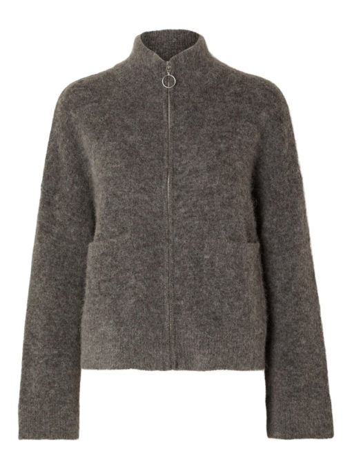 Selected Femme Sia Ras Knit Zipper Cardigan Medium Grey Melange
