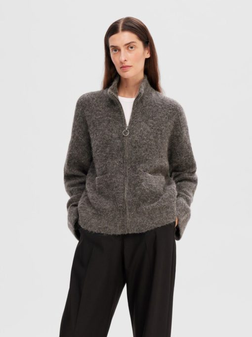 Selected Femme Sia Ras Knit Zipper Cardigan Medium Grey Melange