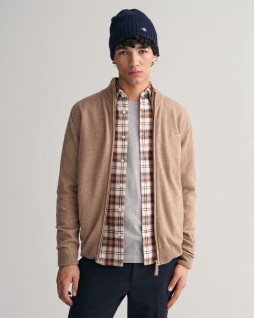 Gant Superfine Lambswool Zip Cardigan Dk Sand Melange