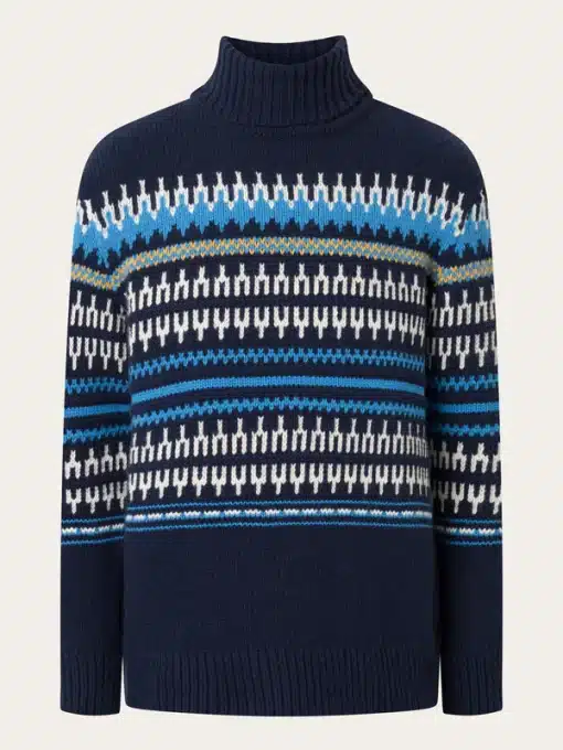 Knowledge Cotton Apparel Knitted Pattern Roll Neck Blue Stripe