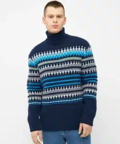 Knowledge Cotton Apparel Knitted Pattern Roll Neck Blue Stripe