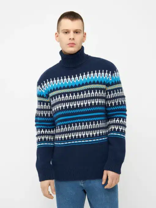 Knowledge Cotton Apparel Knitted Pattern Roll Neck Blue Stripe