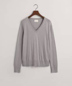 Gant Woman Fine Knit V-Neck Mid Grey