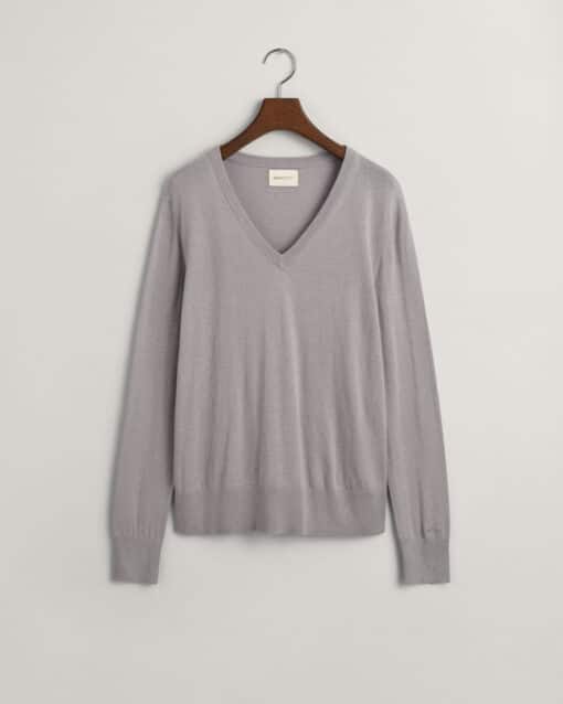 Gant Woman Fine Knit V-Neck Mid Grey
