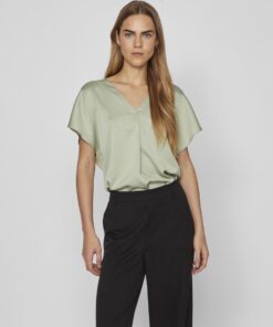 Vila Ellette Satin V- Neck Top Swamp