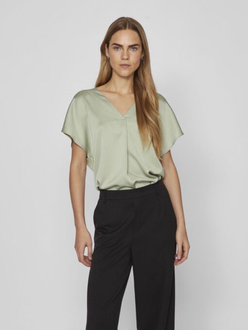Vila Ellette Satin V- Neck Top Swamp