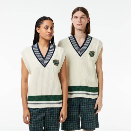 Lacoste Heavy Knit Badge Tennis Sweater White/Navy Blue/Green
