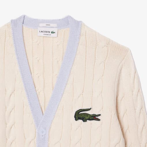Lacoste Unisex V-Neck Cable Knit Cardigan White/Light Blue/Bordeaux