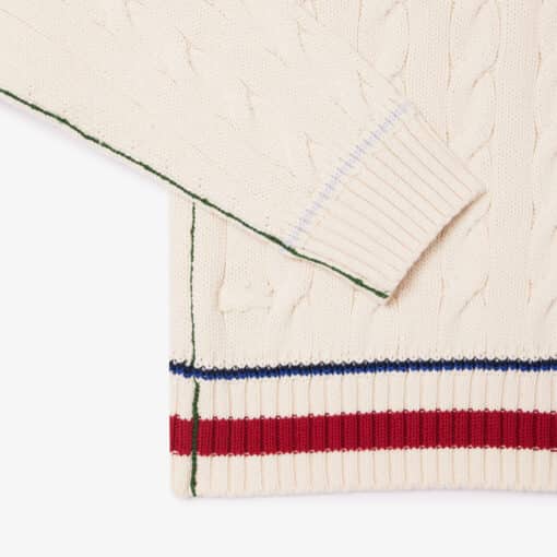 Lacoste Unisex V-Neck Cable Knit Cardigan White/Light Blue/Bordeaux