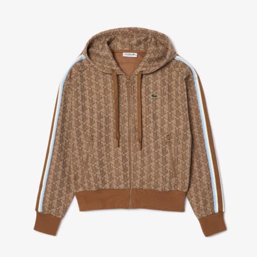 Lacoste Monogrammed Jaqcquard Zip Front Hoodie Beige/Brown