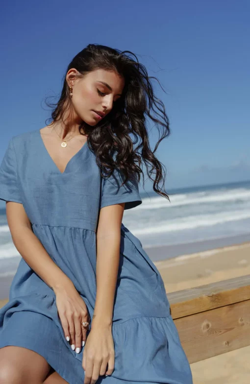 Nakoa Layered Linen Dress Bluestone