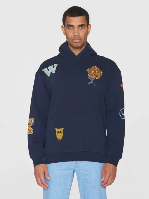Knowledge Cotton Apparel Loose Fit Hood Sweat With AOP Night Sky