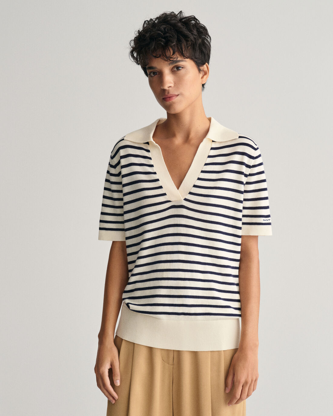 Buy Gant Woman Fine Knit Striped SS Rugger Shirt Cream
