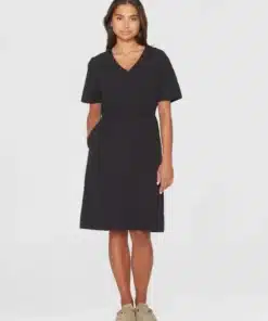 Knowledge Cotton Apparel V-Neck Slub Yarn Dress Black Jet