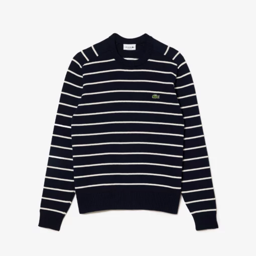 Lacoste Cotton Crew Neck Striped Sweater Navy Blue