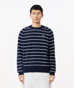 Lacoste Cotton Crew Neck Striped Sweater Navy Blue