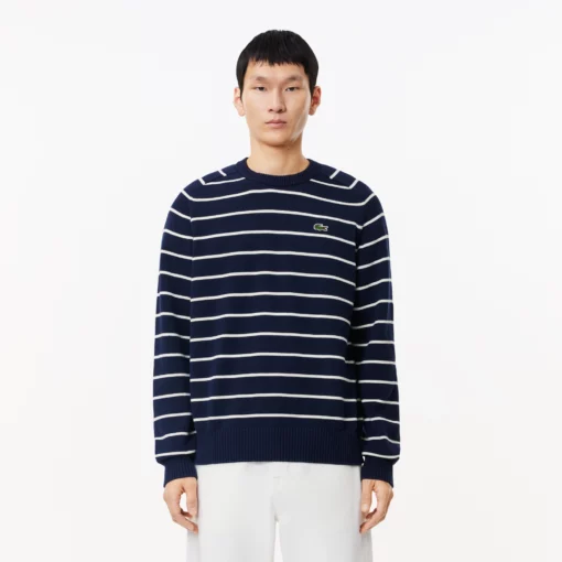 Lacoste Cotton Crew Neck Striped Sweater Navy Blue