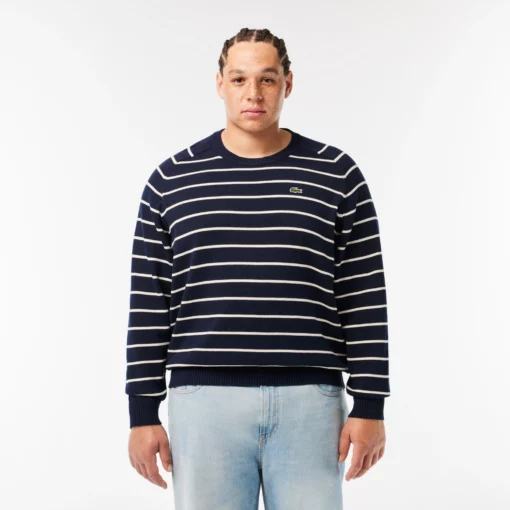 Lacoste Cotton Crew Neck Striped Sweater Navy Blue