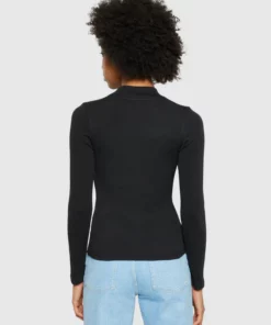 Knowledge Cotton Apparel Rib High Neck Ls Black Jet