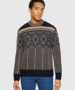 Knowledge Cotton Apparel Fair Isle Lambswool Sweater Blue